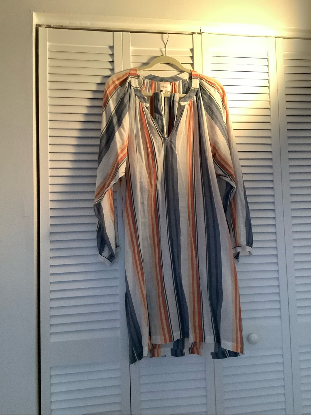 Sirens Striped V-Neck Tunic Dress in White, blue & Orange